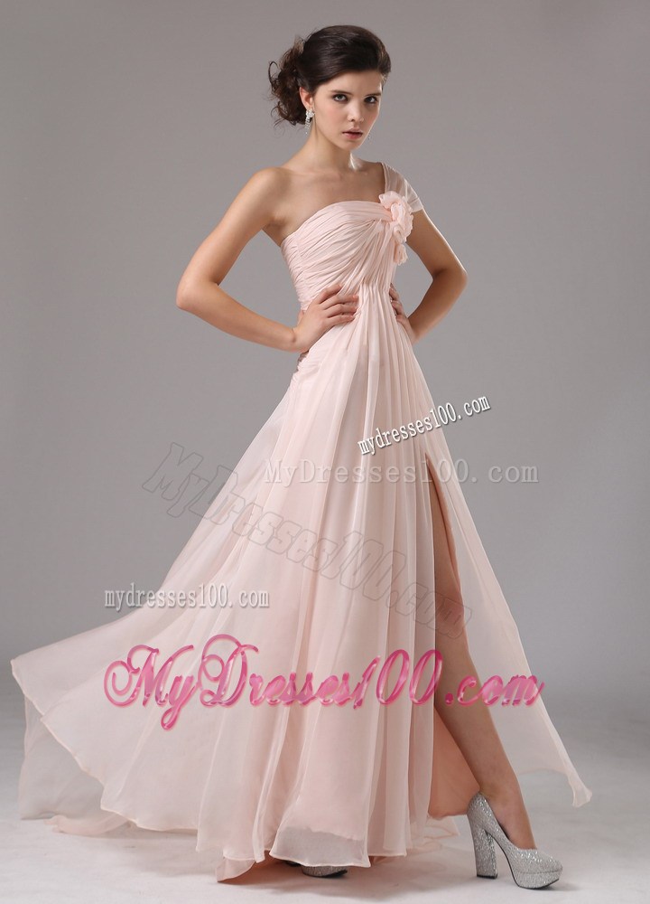 Light Pink One Shoulder and Hande Made Flowers For 2013 Evening Dress Custom Made