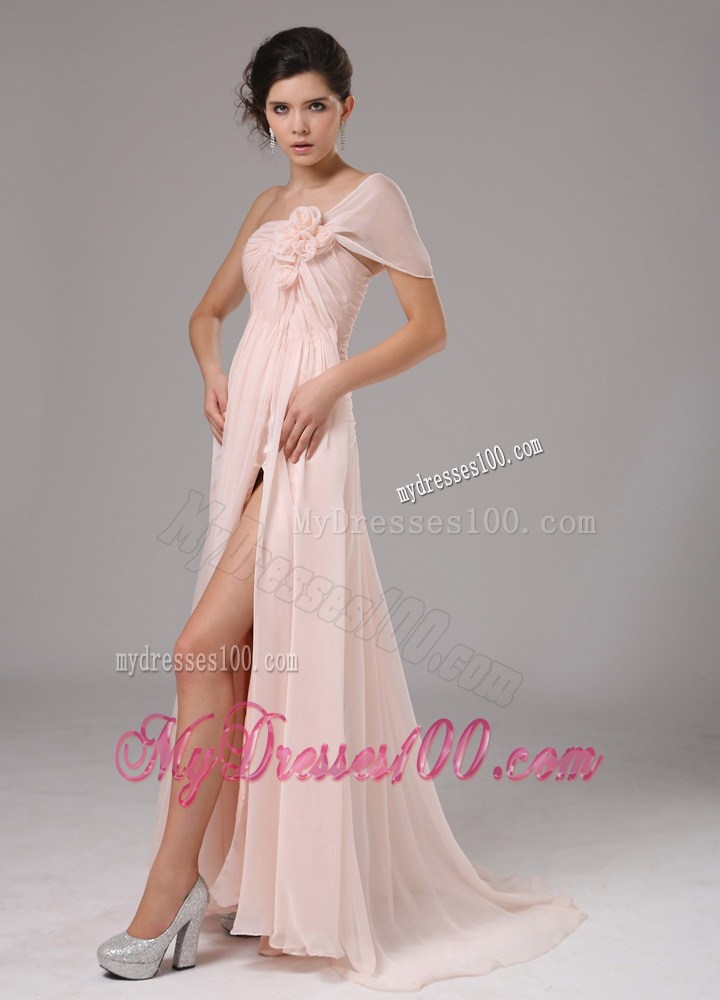 Light Pink One Shoulder and Hande Made Flowers For 2013 Evening Dress Custom Made