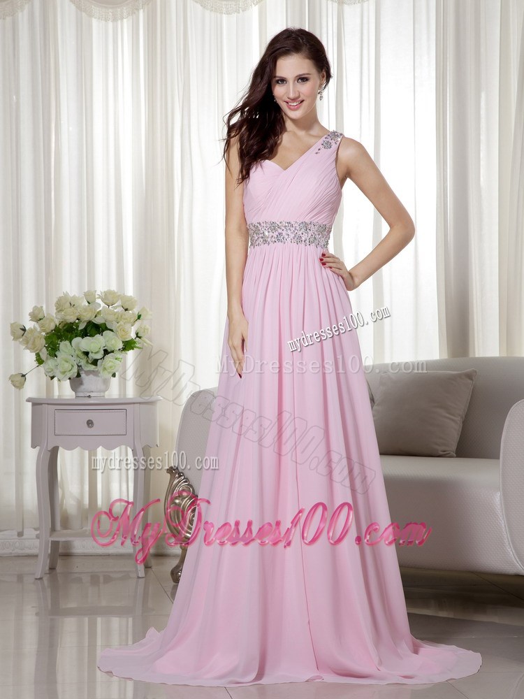 Baby Pink One Shoulder Brush Train Beading and Ruching Evening Dresses