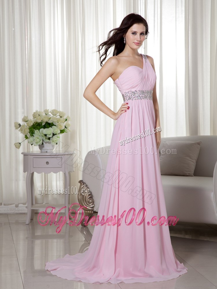 Baby Pink One Shoulder Brush Train Beading and Ruching Evening Dresses