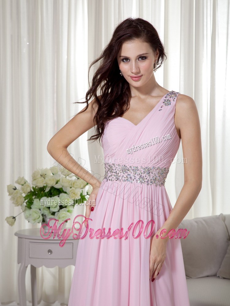 Baby Pink One Shoulder Brush Train Beading and Ruching Evening Dresses
