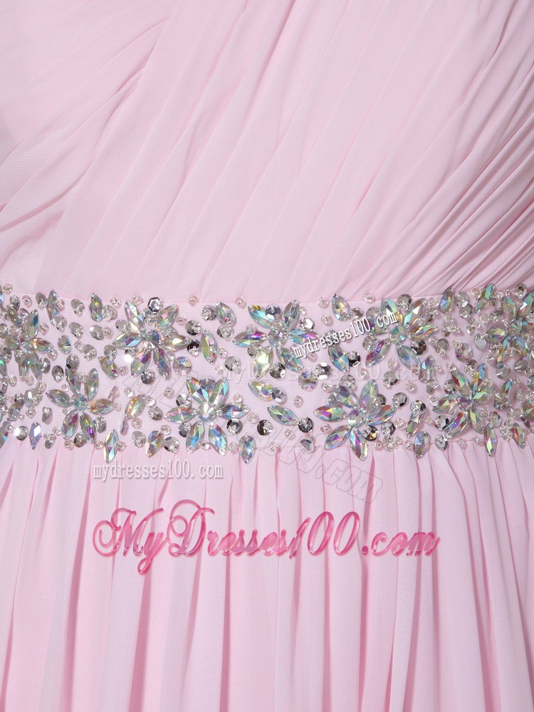 Baby Pink One Shoulder Brush Train Beading and Ruching Evening Dresses