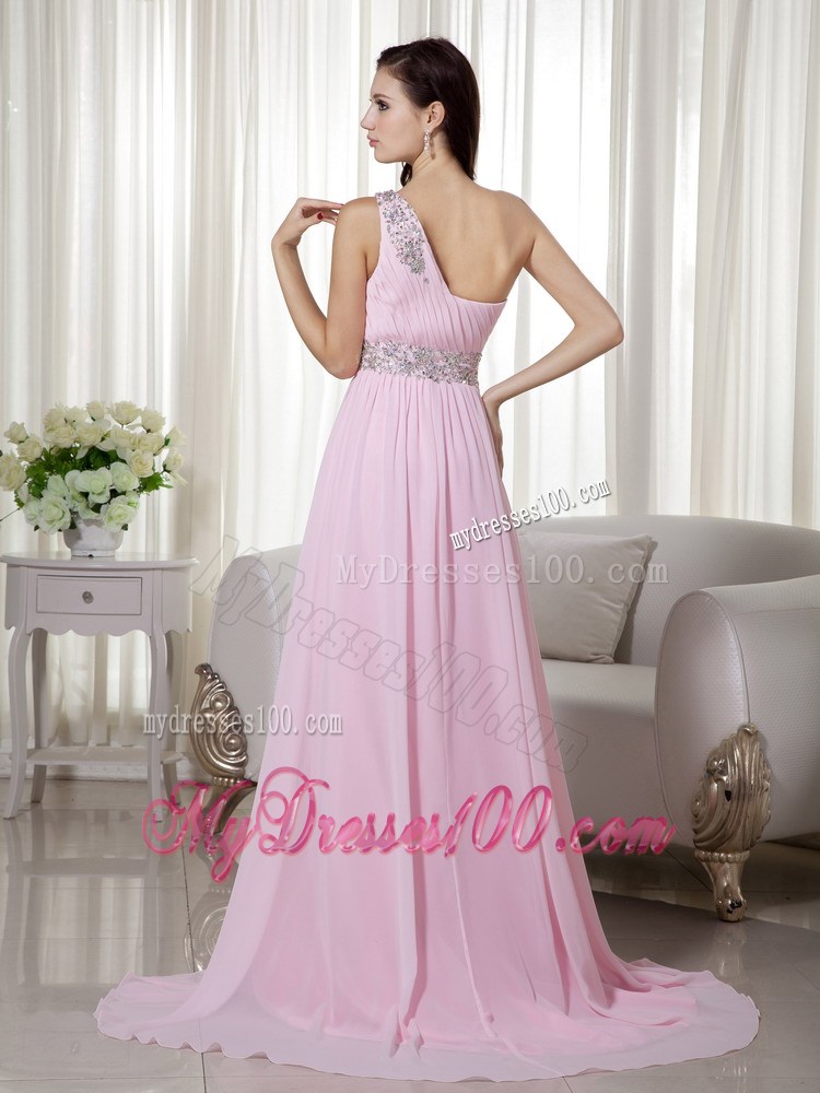 Baby Pink One Shoulder Brush Train Beading and Ruching Evening Dresses