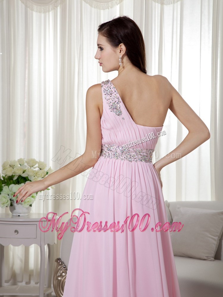 Baby Pink One Shoulder Brush Train Beading and Ruching Evening Dresses