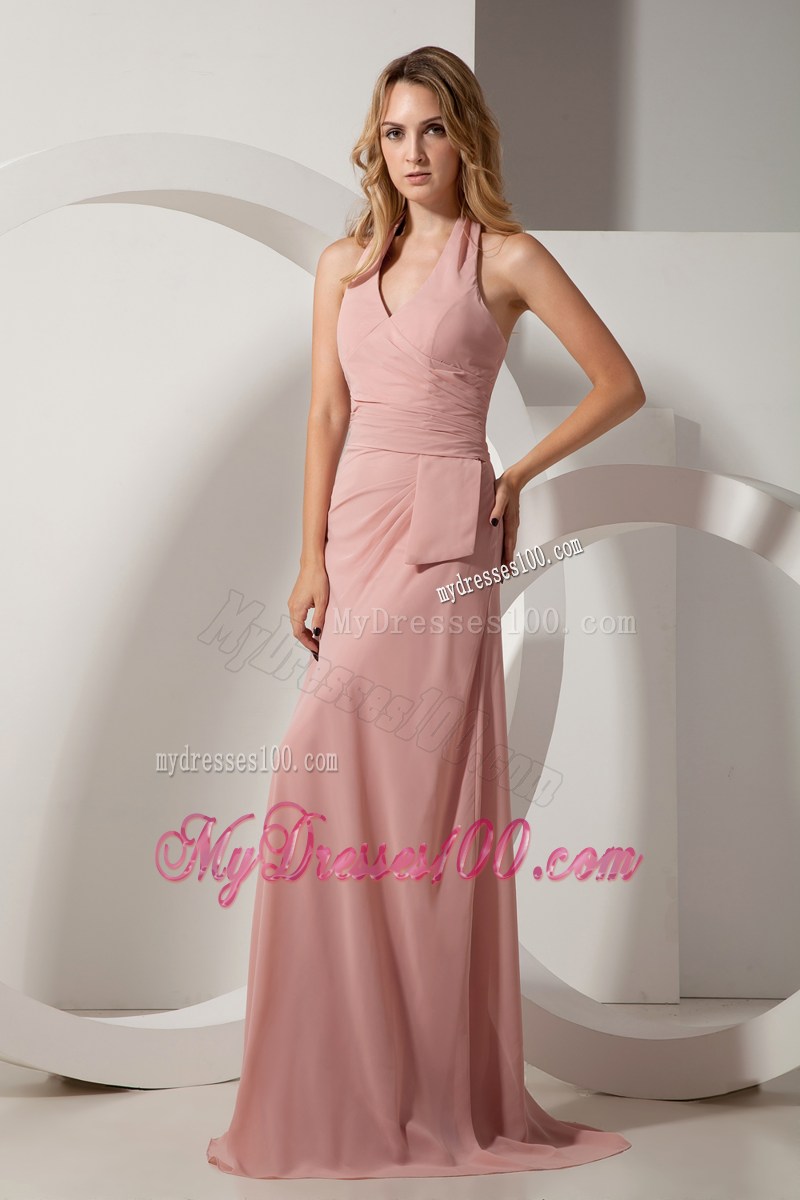 Light Pink Column Halter Ruching Formal Evening Dresses Brush Train