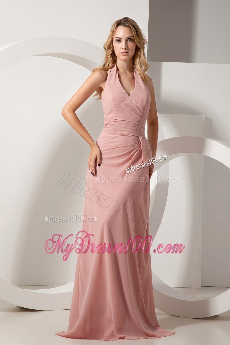 Light Pink Column Halter Ruching Formal Evening Dresses Brush Train