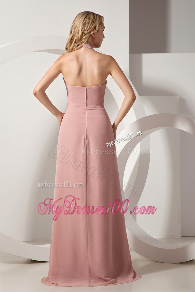 Light Pink Column Halter Ruching Formal Evening Dresses Brush Train