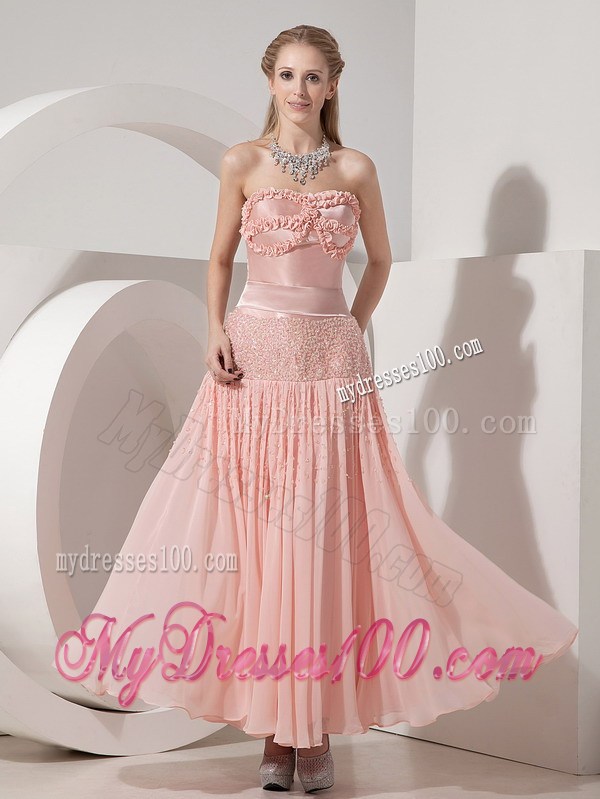 Customize Light Pink Evening Dress Column Strapless Beading Ankle-length