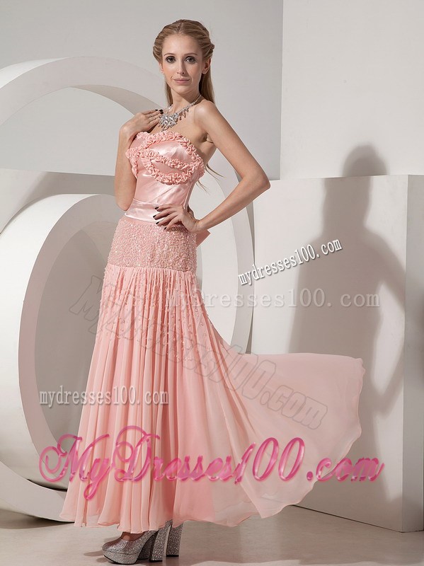 Customize Light Pink Evening Dress Column Strapless Beading Ankle-length