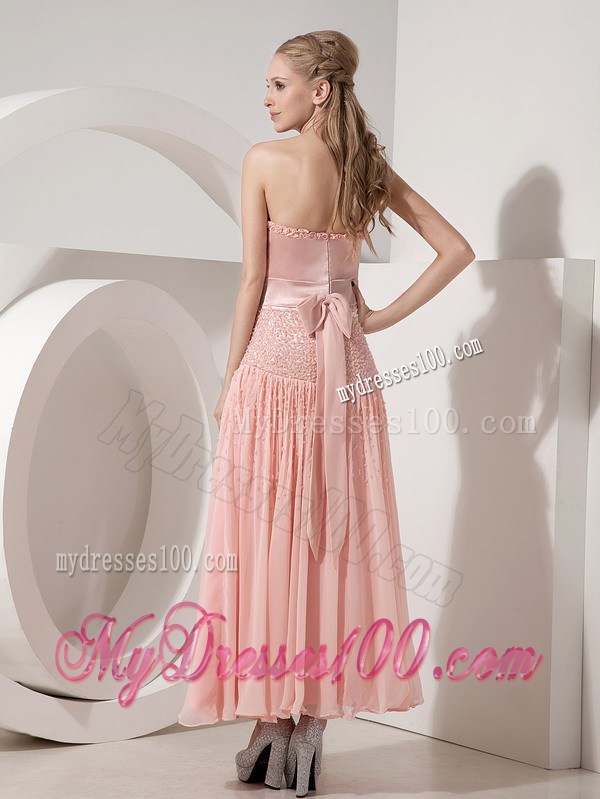 Customize Light Pink Evening Dress Column Strapless Beading Ankle-length