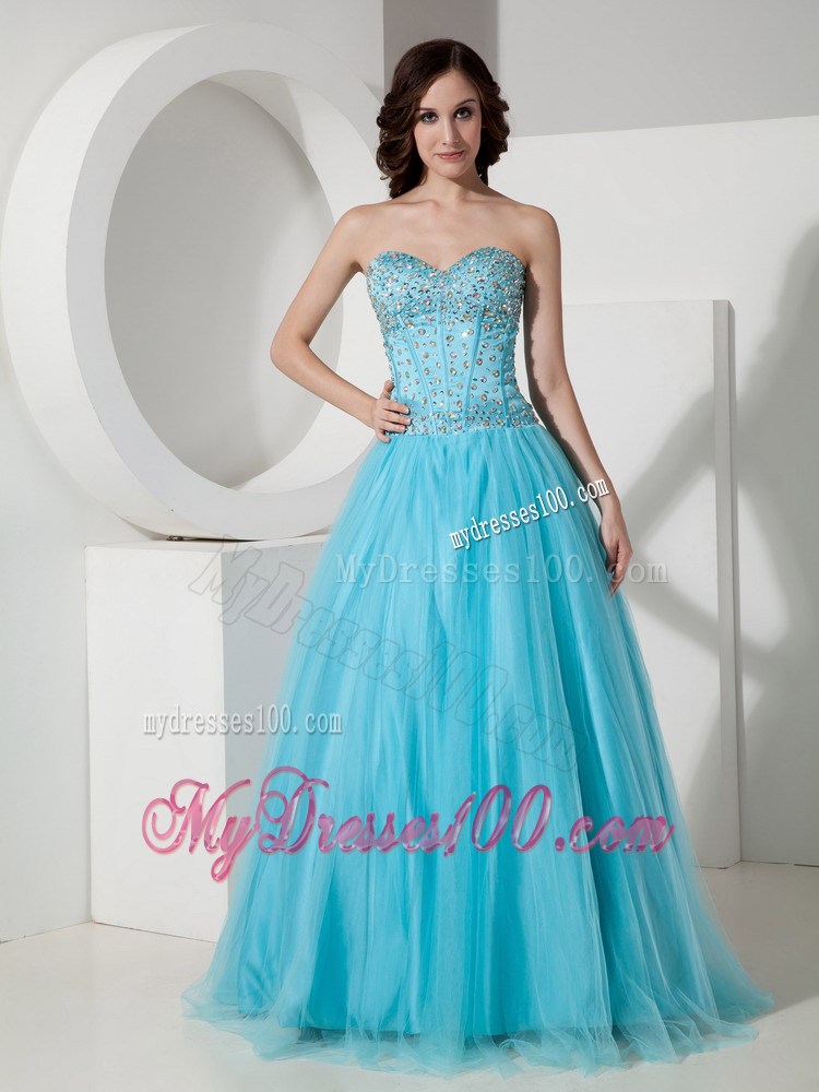 Simple Light Blue A-Line / Princess Sweetheart Quinceanera Dress Tulle Beading Floor-length