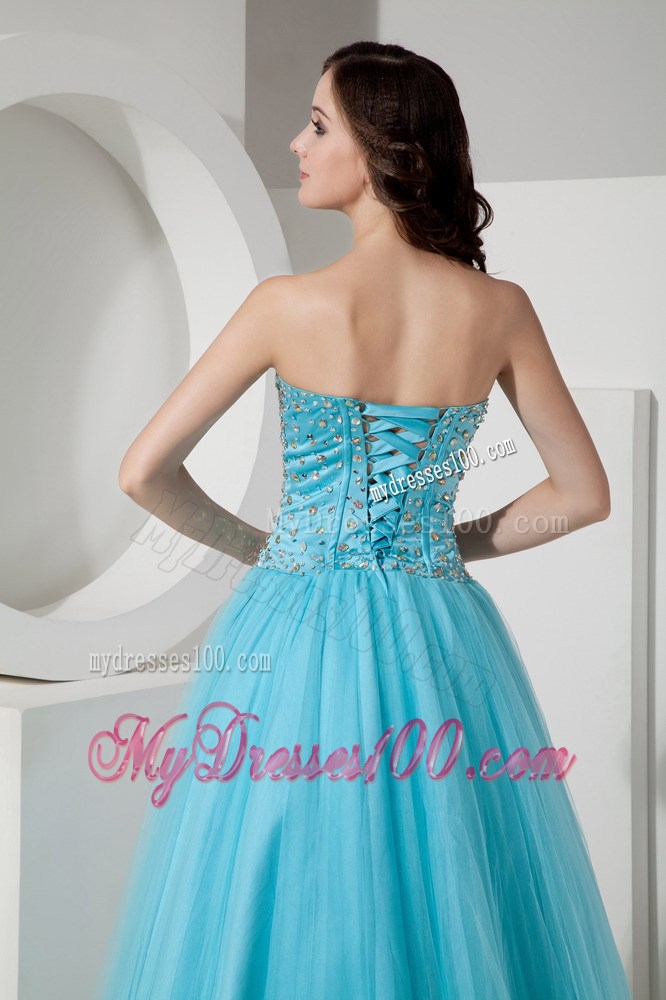 Simple Light Blue A-Line / Princess Sweetheart Quinceanera Dress Tulle Beading Floor-length
