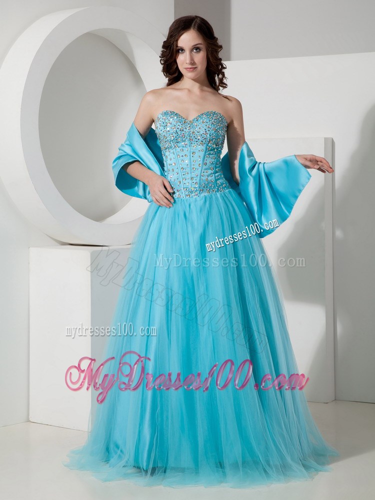 Simple Light Blue A-Line / Princess Sweetheart Quinceanera Dress Tulle Beading Floor-length