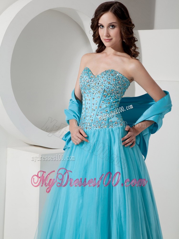Simple Light Blue A-Line / Princess Sweetheart Quinceanera Dress Tulle Beading Floor-length