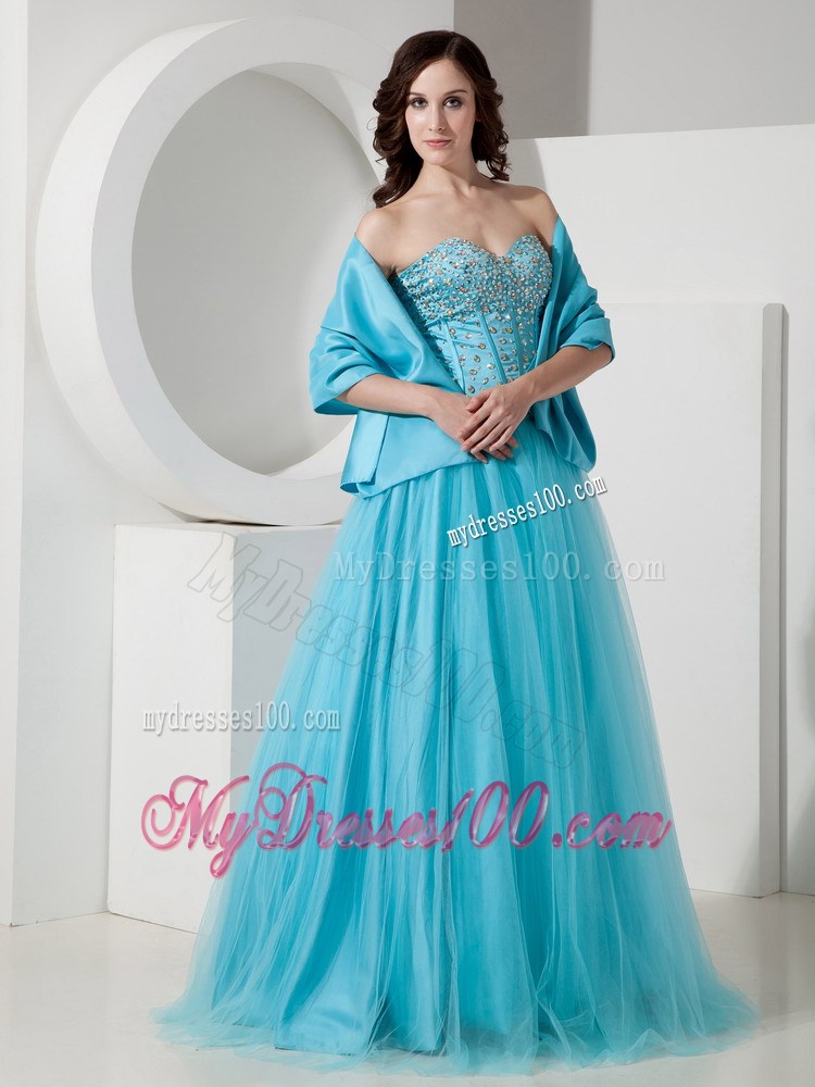 Simple Light Blue A-Line / Princess Sweetheart Quinceanera Dress Tulle Beading Floor-length