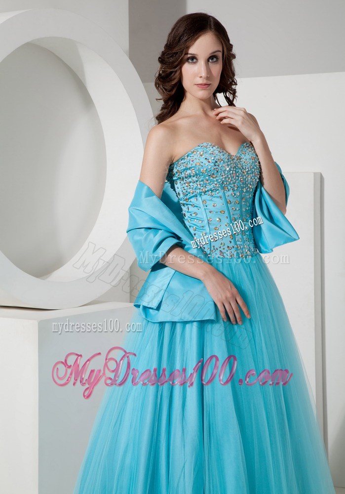 Simple Light Blue A-Line / Princess Sweetheart Quinceanera Dress Tulle Beading Floor-length