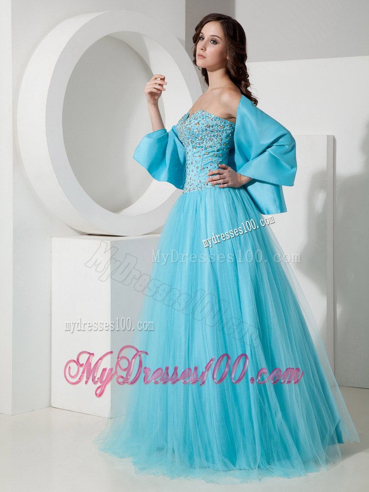 Simple Light Blue A-Line / Princess Sweetheart Quinceanera Dress Tulle Beading Floor-length