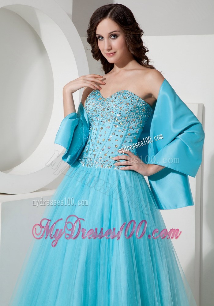 Simple Light Blue A-Line / Princess Sweetheart Quinceanera Dress Tulle Beading Floor-length