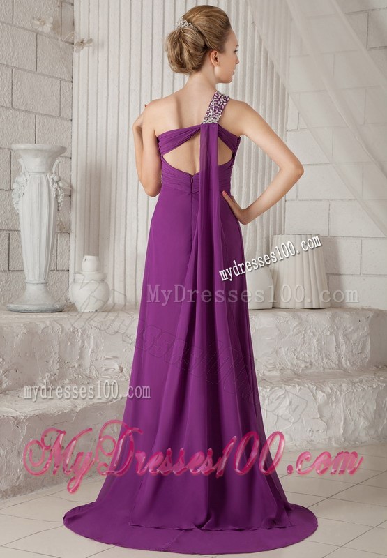 Purple Empire One Shoulder Watteau Train Beading Formal Evening Dress