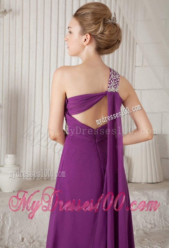 Purple Empire One Shoulder Watteau Train Beading Formal Evening Dress