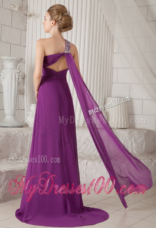 Purple Empire One Shoulder Watteau Train Beading Formal Evening Dress