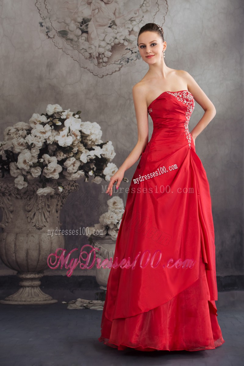Red Appliques Strapless Long A-line Prom Dress