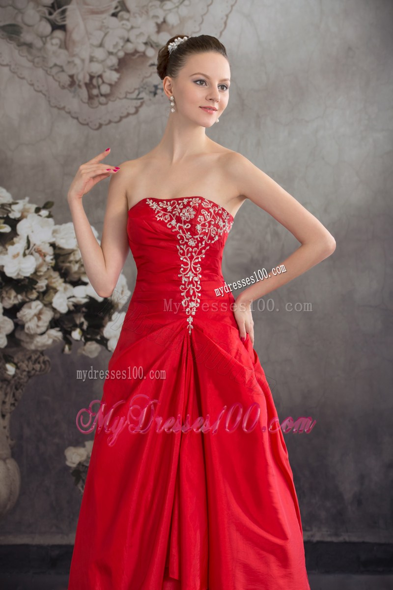 Red Appliques Strapless Long A-line Prom Dress