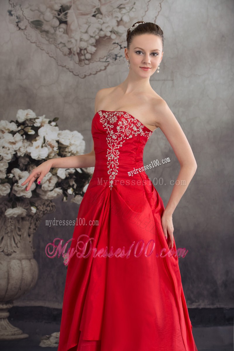 Red Appliques Strapless Long A-line Prom Dress