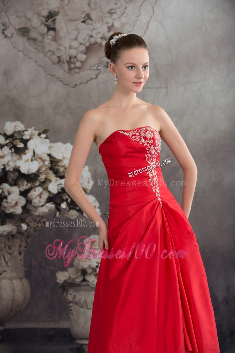 Red Appliques Strapless Long A-line Prom Dress