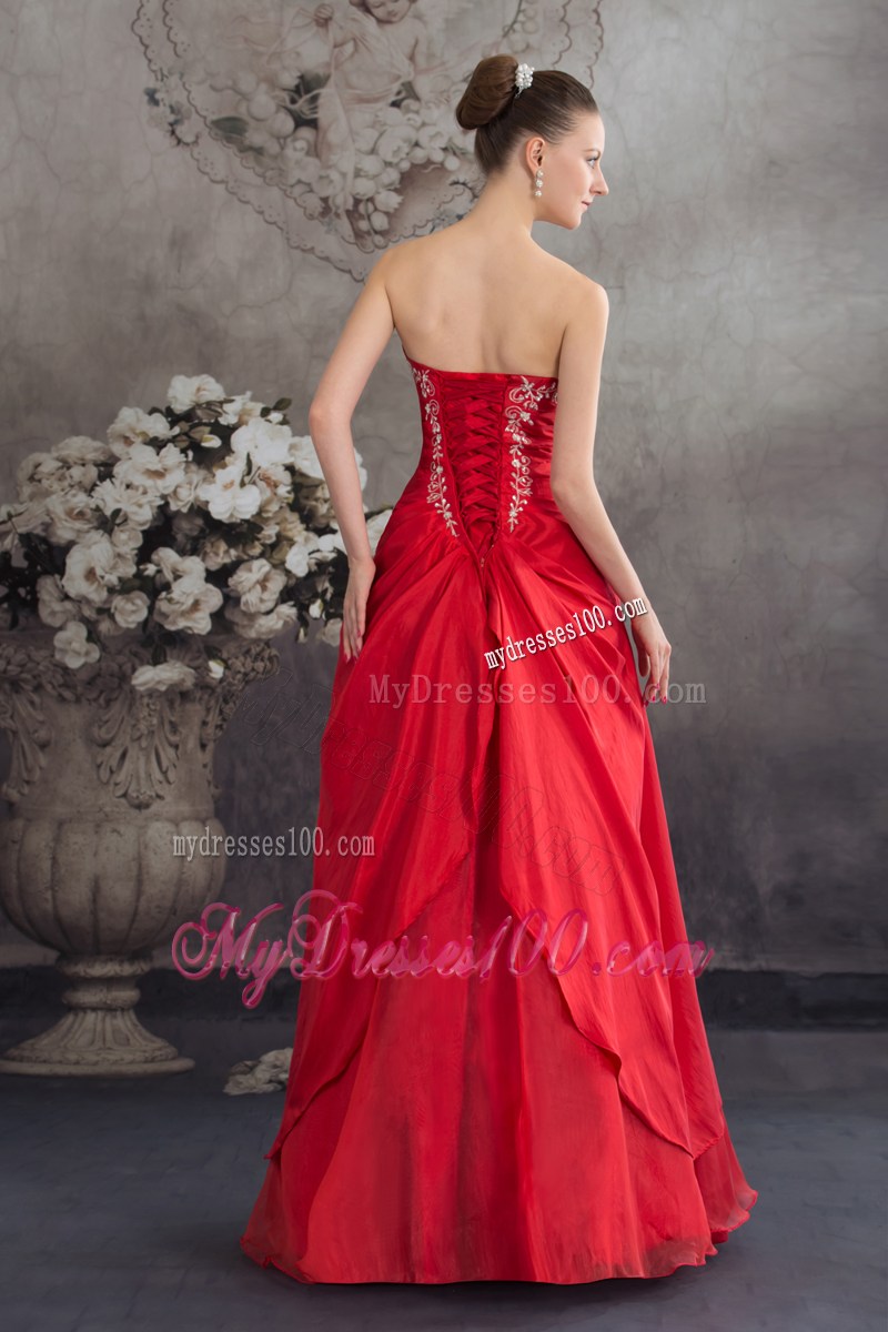 Red Appliques Strapless Long A-line Prom Dress