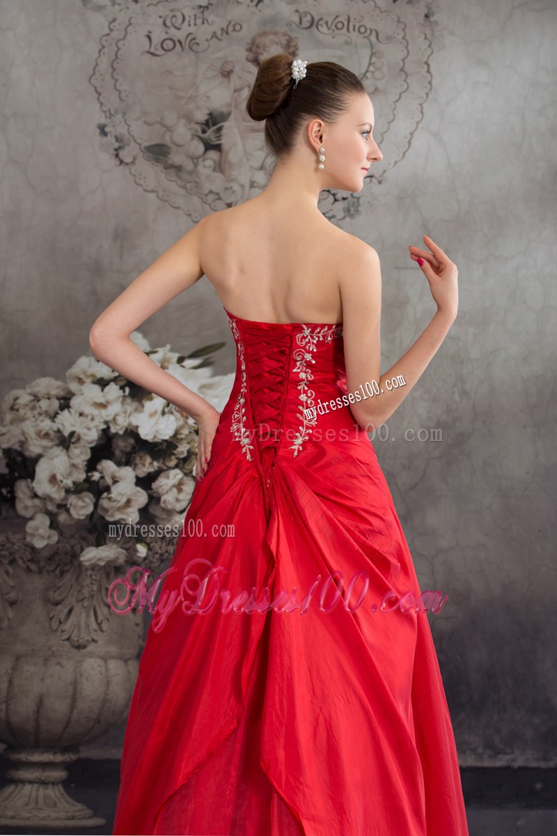 Red Appliques Strapless Long A-line Prom Dress