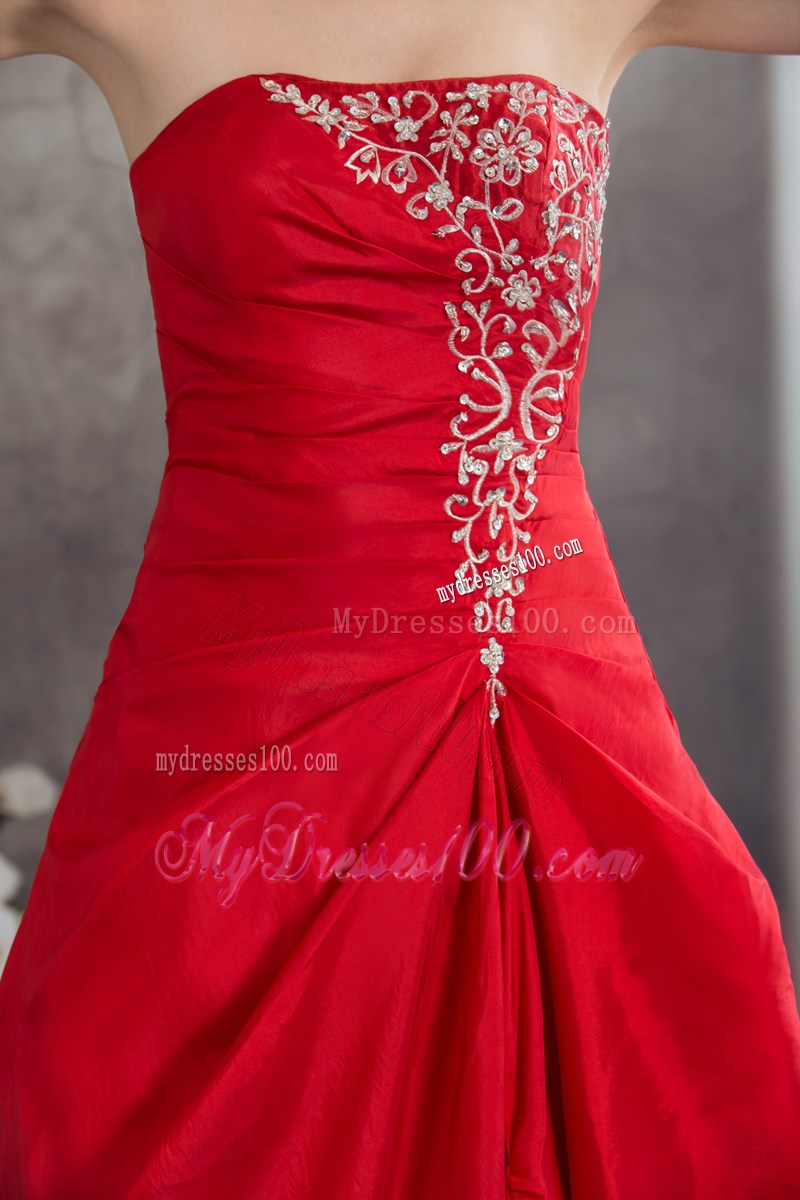 Red Appliques Strapless Long A-line Prom Dress