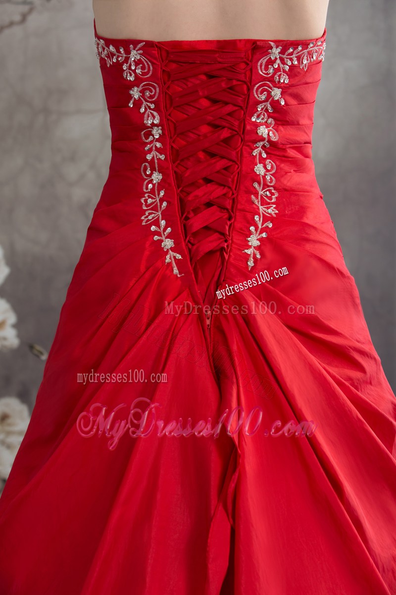 Red Appliques Strapless Long A-line Prom Dress