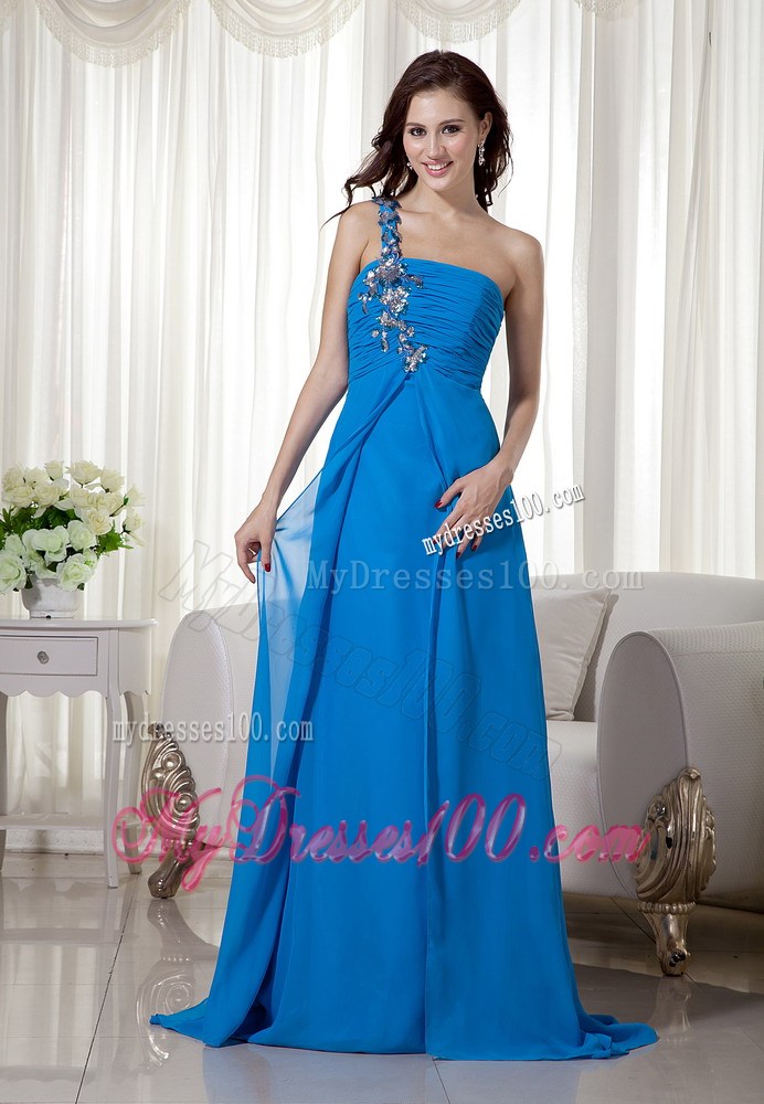 Blue Empire One Shoulder Brush Train Prom Dress with Appliques