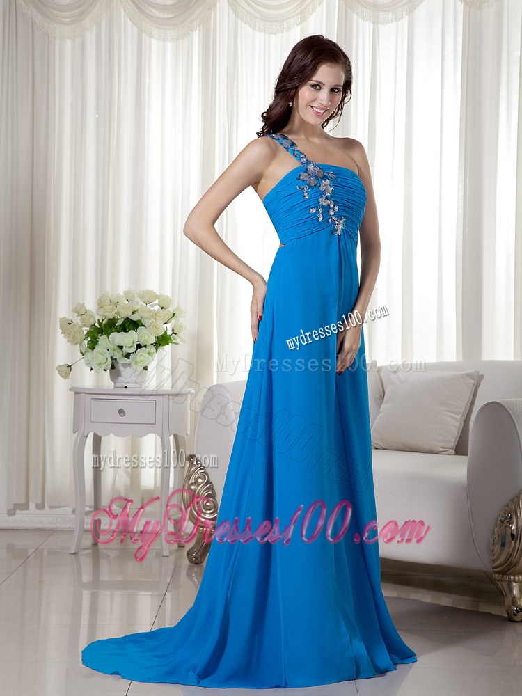 Blue Empire One Shoulder Brush Train Prom Dress with Appliques