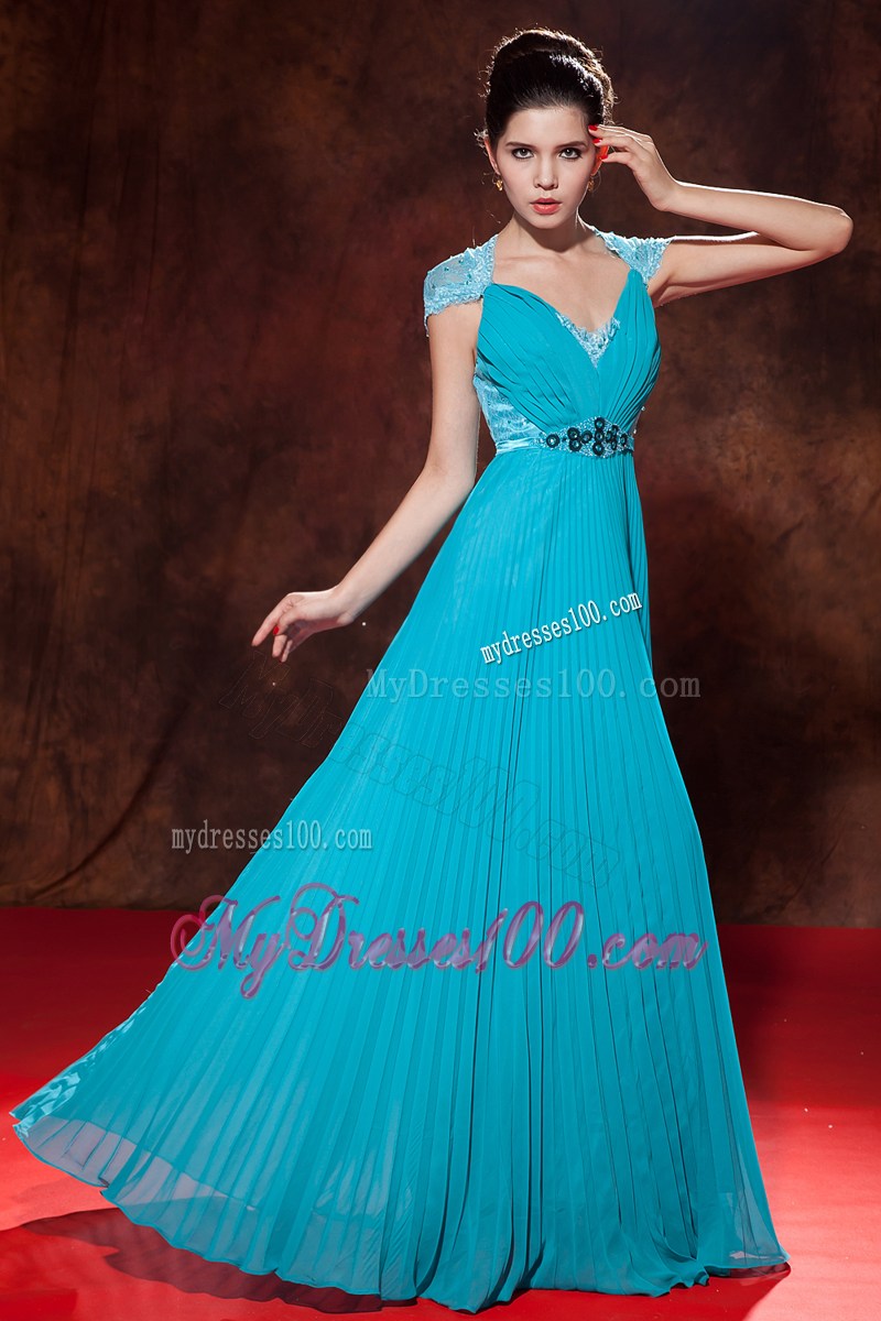 Elegant Teal Long Formal Evening Dresses Empire V-neck Beaded Pleat