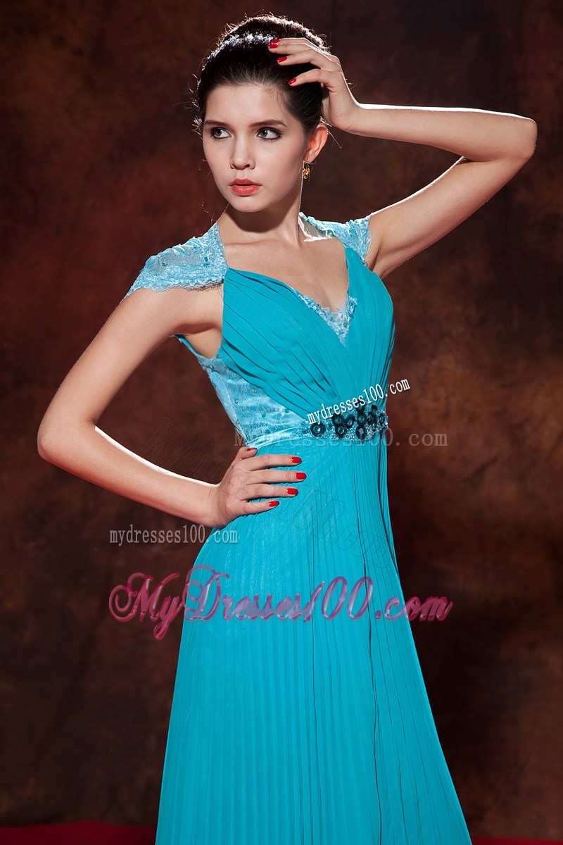 Elegant Teal Long Formal Evening Dresses Empire V-neck Beaded Pleat