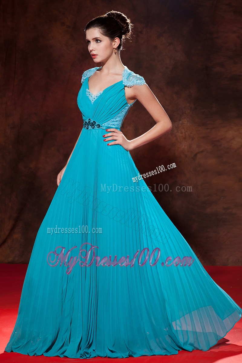Elegant Teal Long Formal Evening Dresses Empire V-neck Beaded Pleat