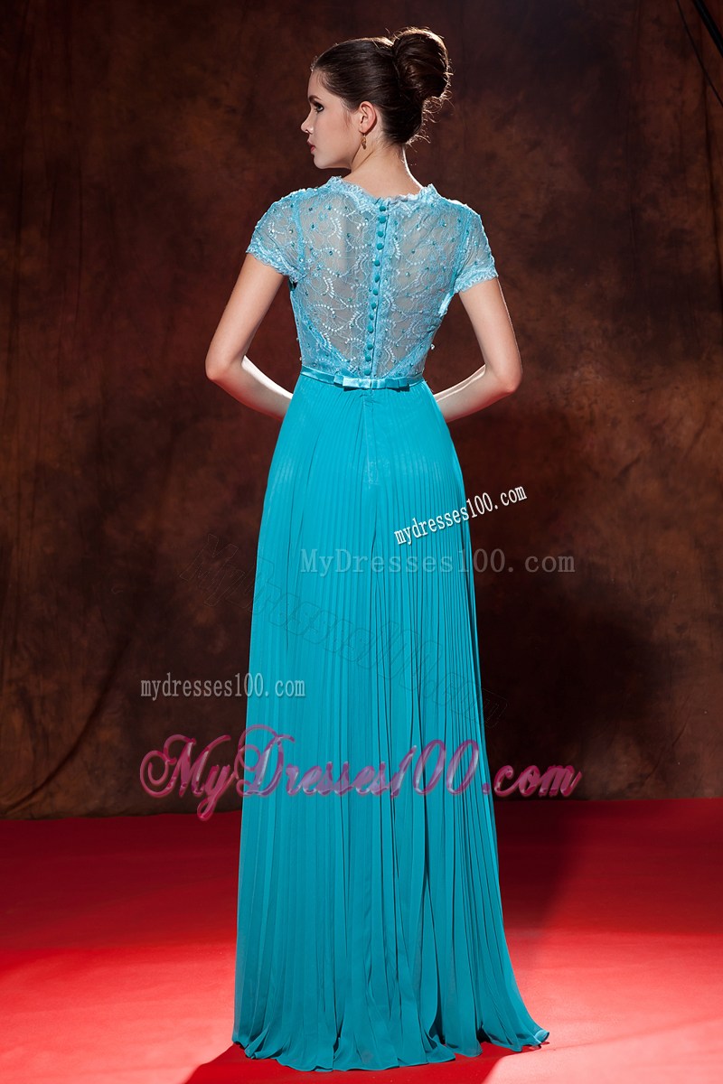 Elegant Teal Long Formal Evening Dresses Empire V-neck Beaded Pleat