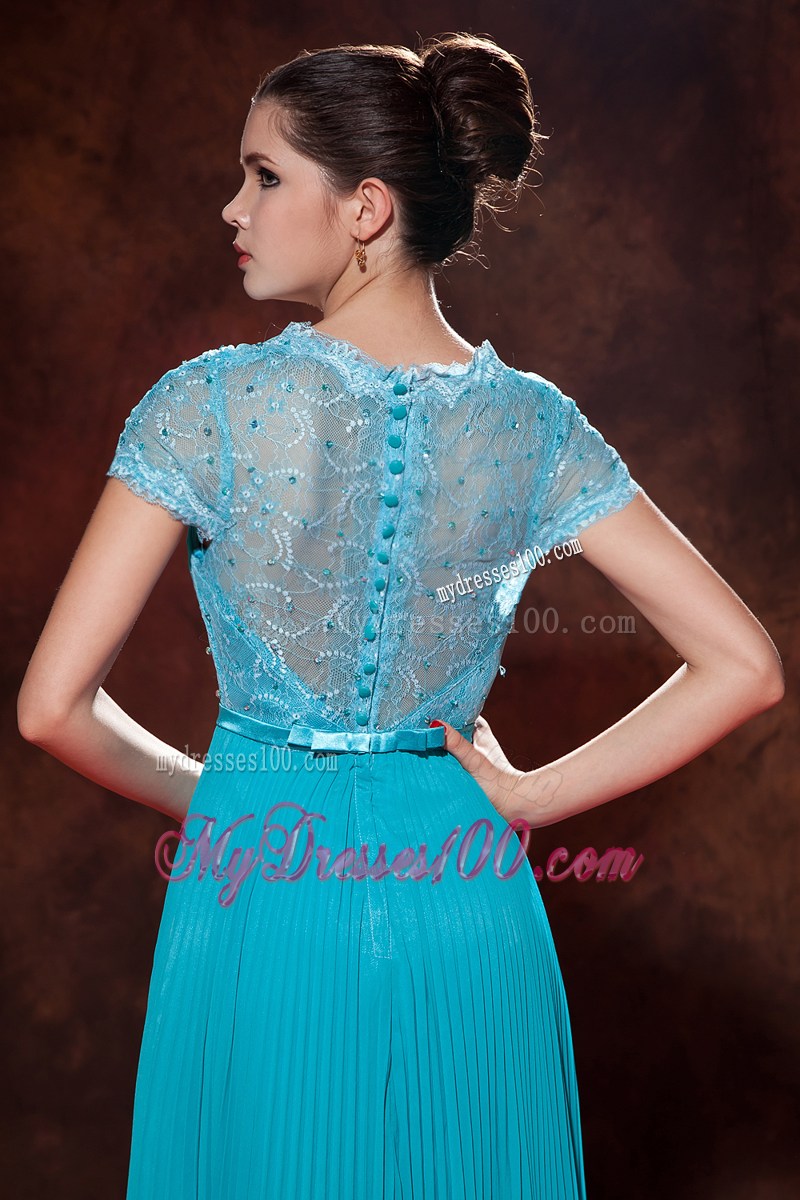 Elegant Teal Long Formal Evening Dresses Empire V-neck Beaded Pleat