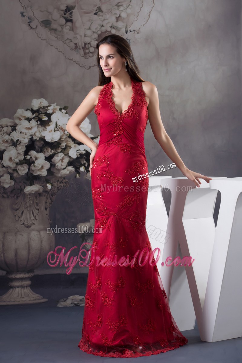 Sexy Appliques Red Halter Column long Prom Dress for 2013