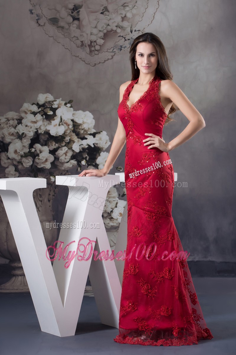 Sexy Appliques Red Halter Column long Prom Dress for 2013