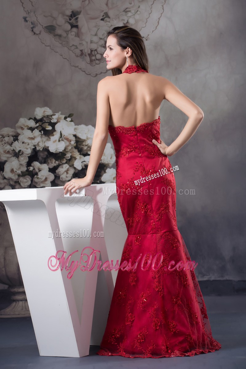 Sexy Appliques Red Halter Column long Prom Dress for 2013