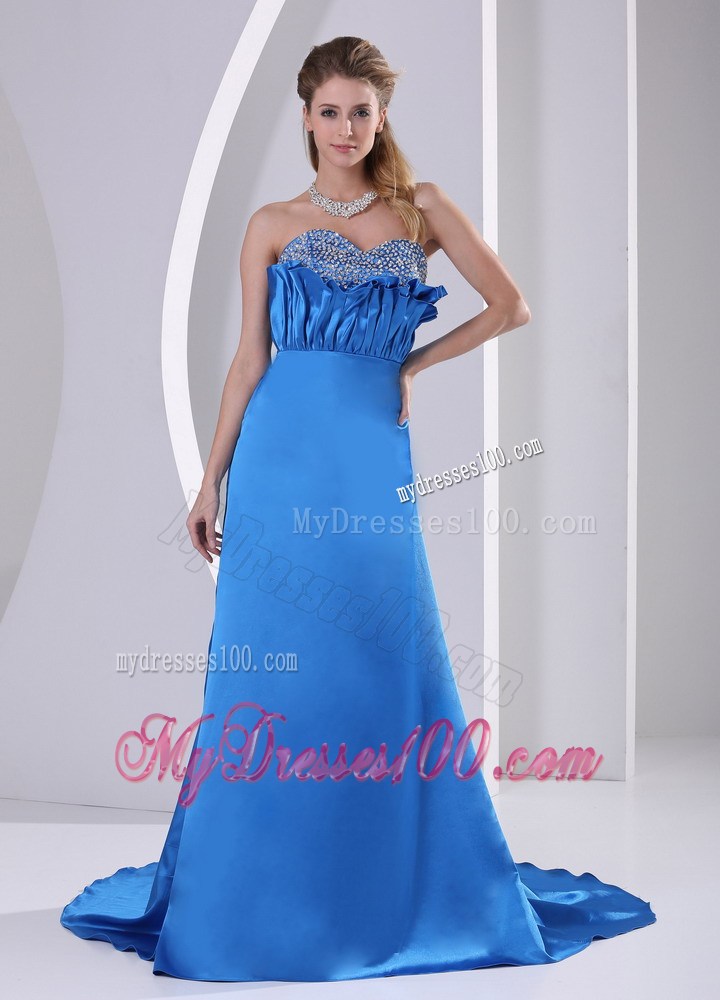 Sky Blue Sweetheart Beaded Evening Dress With Court Train