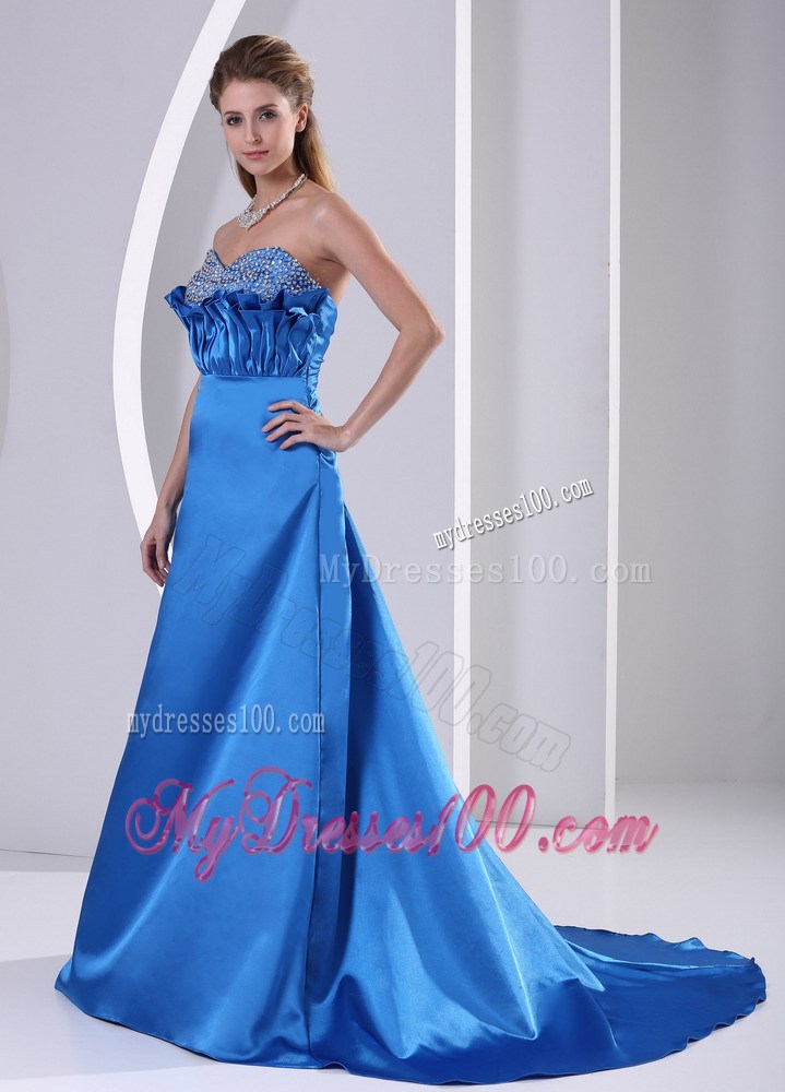 Sky Blue Sweetheart Beaded Evening Dress With Court Train