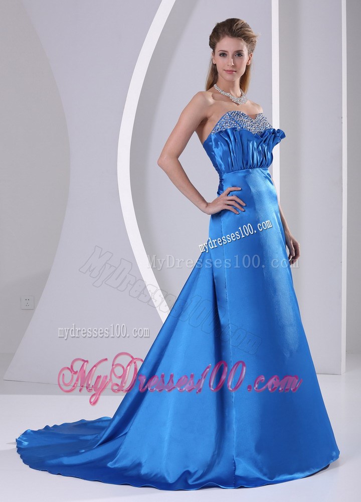 Sky Blue Sweetheart Beaded Evening Dress With Court Train