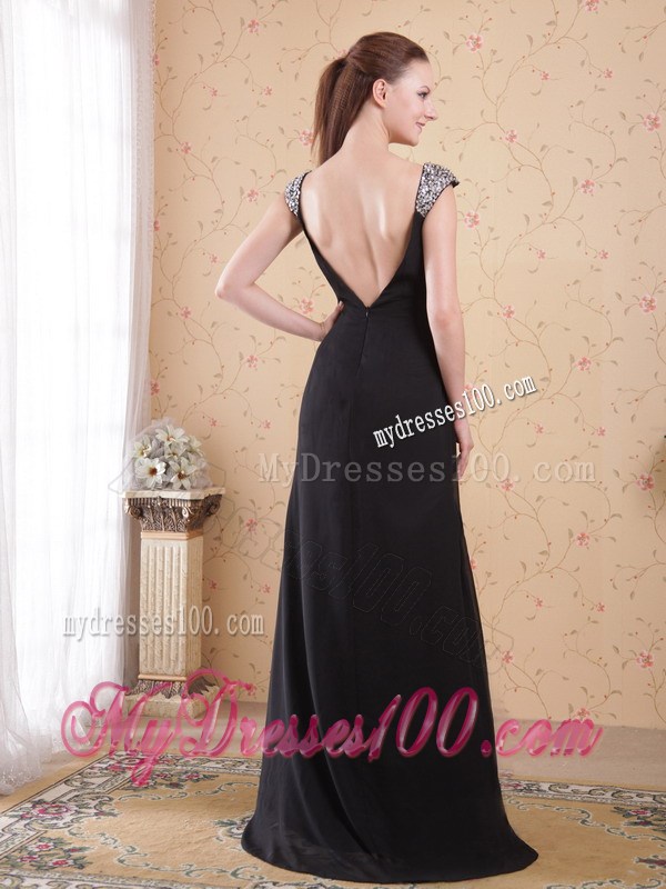 Black Sheath V-neck Brush Train Beading and Ruched Evening Dress