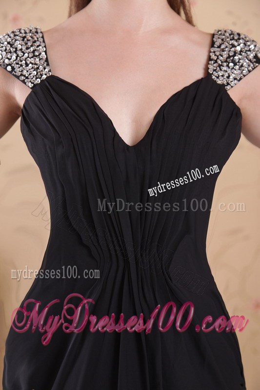 Black Sheath V-neck Brush Train Beading and Ruched Evening Dress