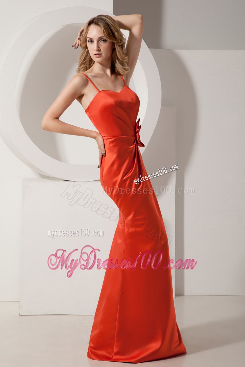 Rust Red Mermaid Spaghetti Straps Ruch and Hand Made Flower Prom Dress Floor-length Satin