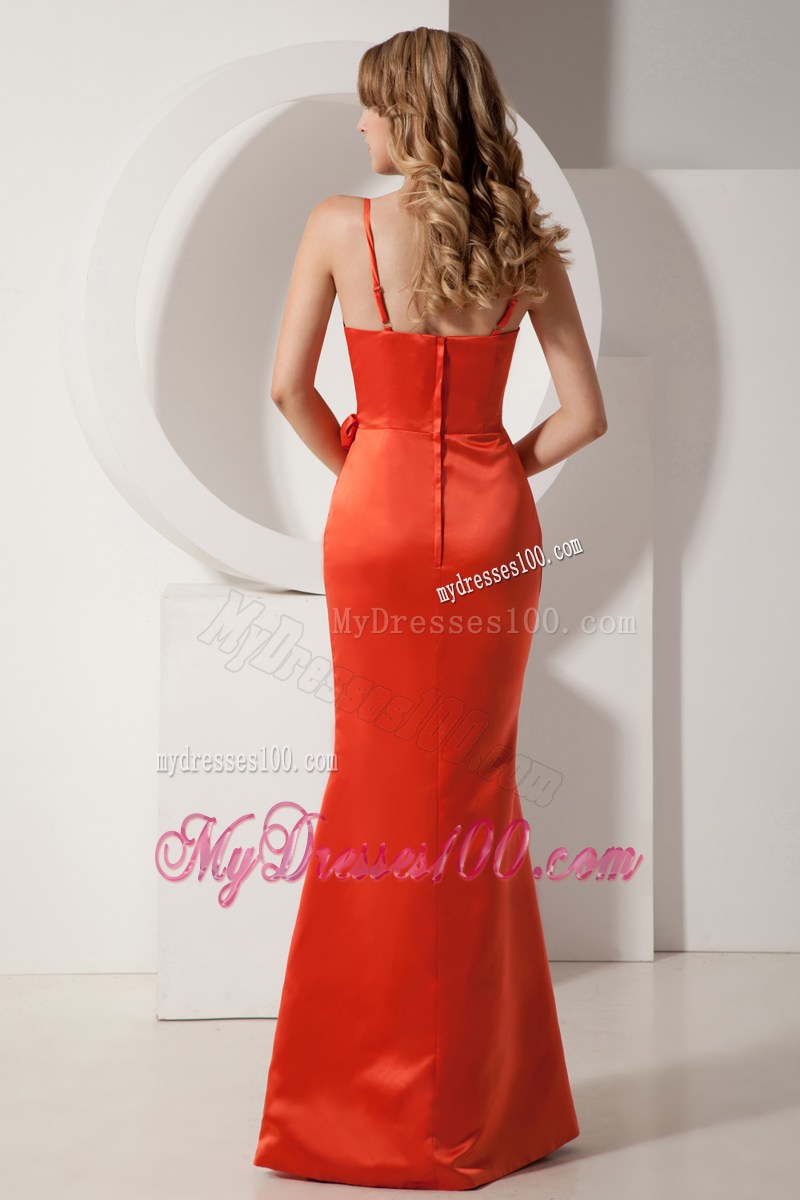 Rust Red Mermaid Spaghetti Straps Ruch and Hand Made Flower Prom Dress Floor-length Satin
